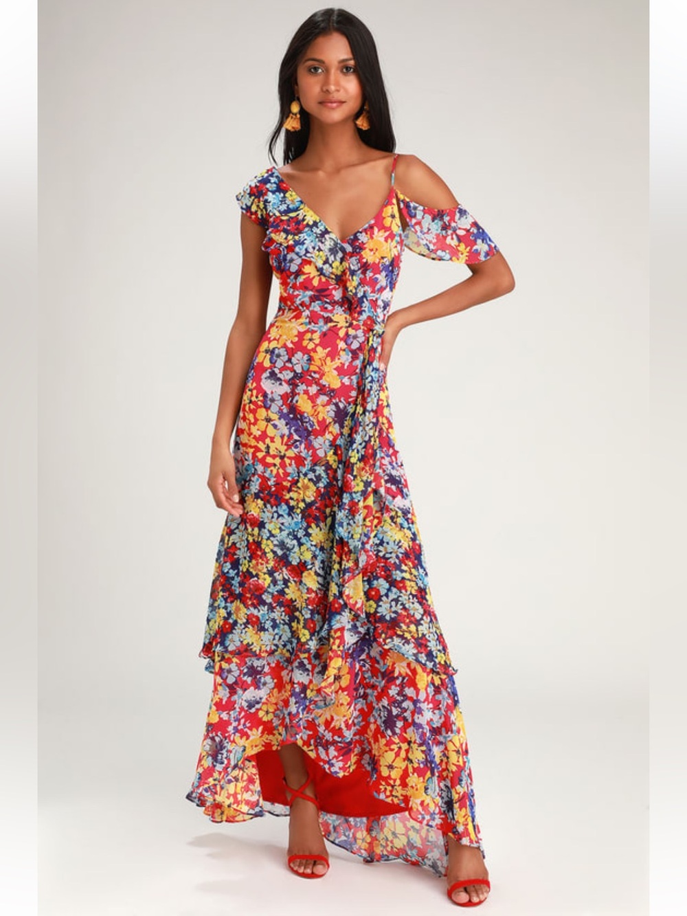 Lulu’s Radiant Ruby Red Floral Print Chiffon Maxi Dress Sz: S